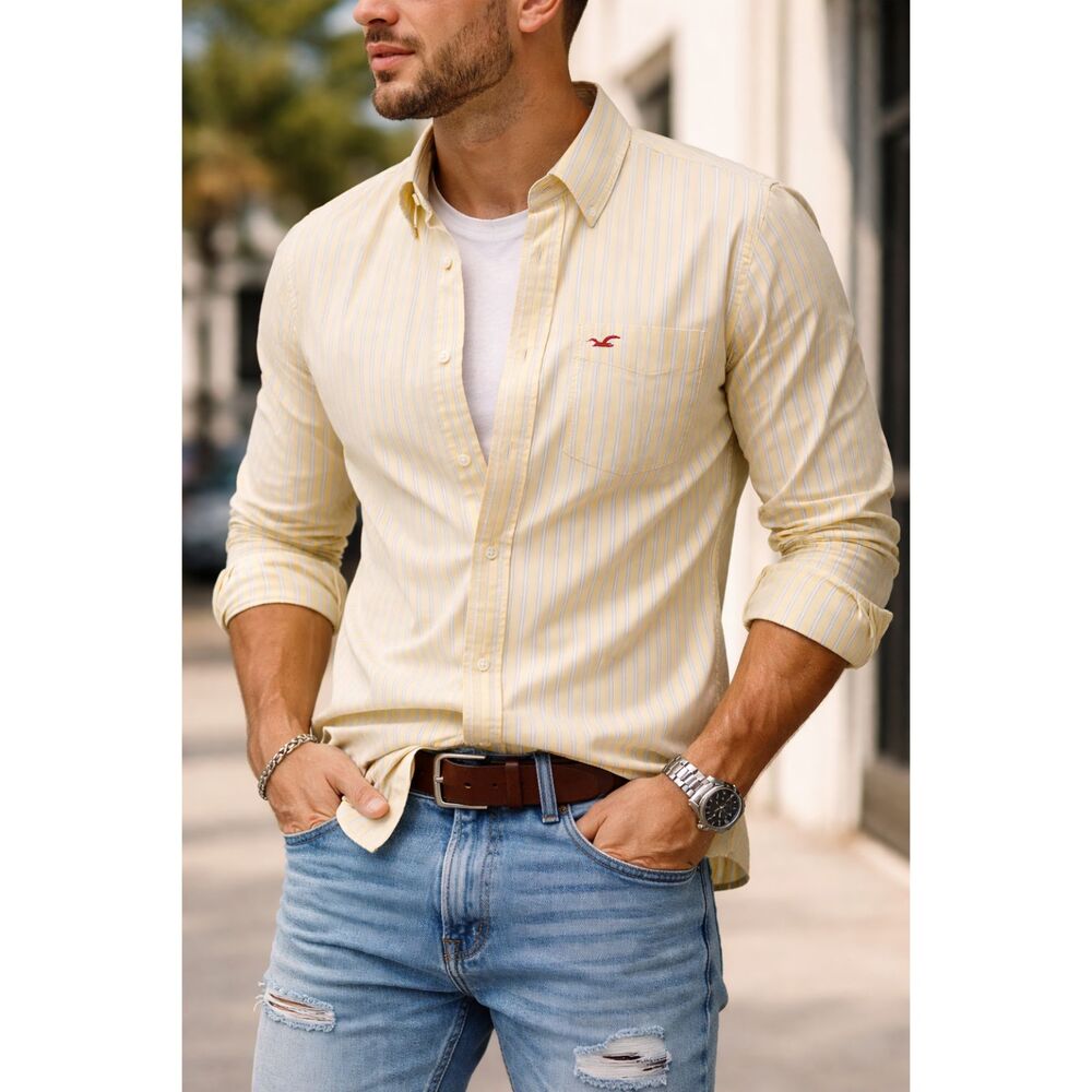 Hollister Men's Yellow White Striped Button-Up Shirt Long Sleeve Size M